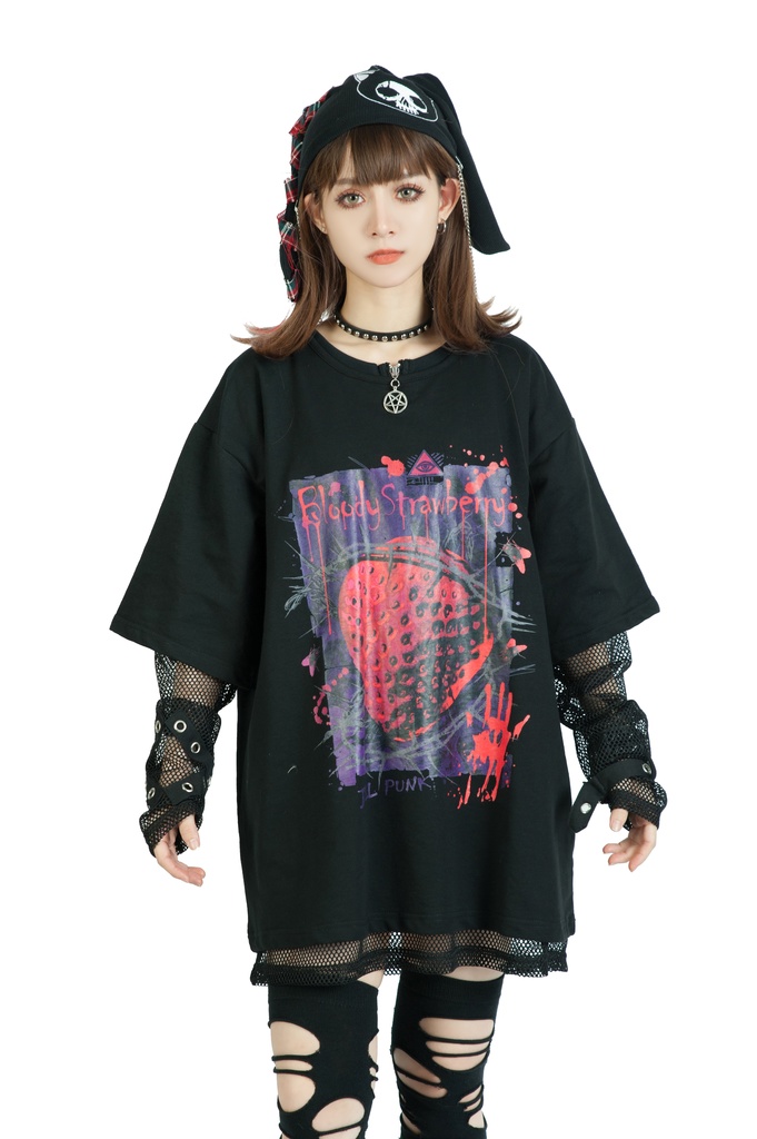 Jillpunkパンク ロック 血染イチゴ ストロベリー プリント ゆったり半袖 Tシャツ Oversizeオーバーサイズ ユニセックス メンズ レディース男女兼用おしゃれファッション秋葉系カッコいい オリジナル