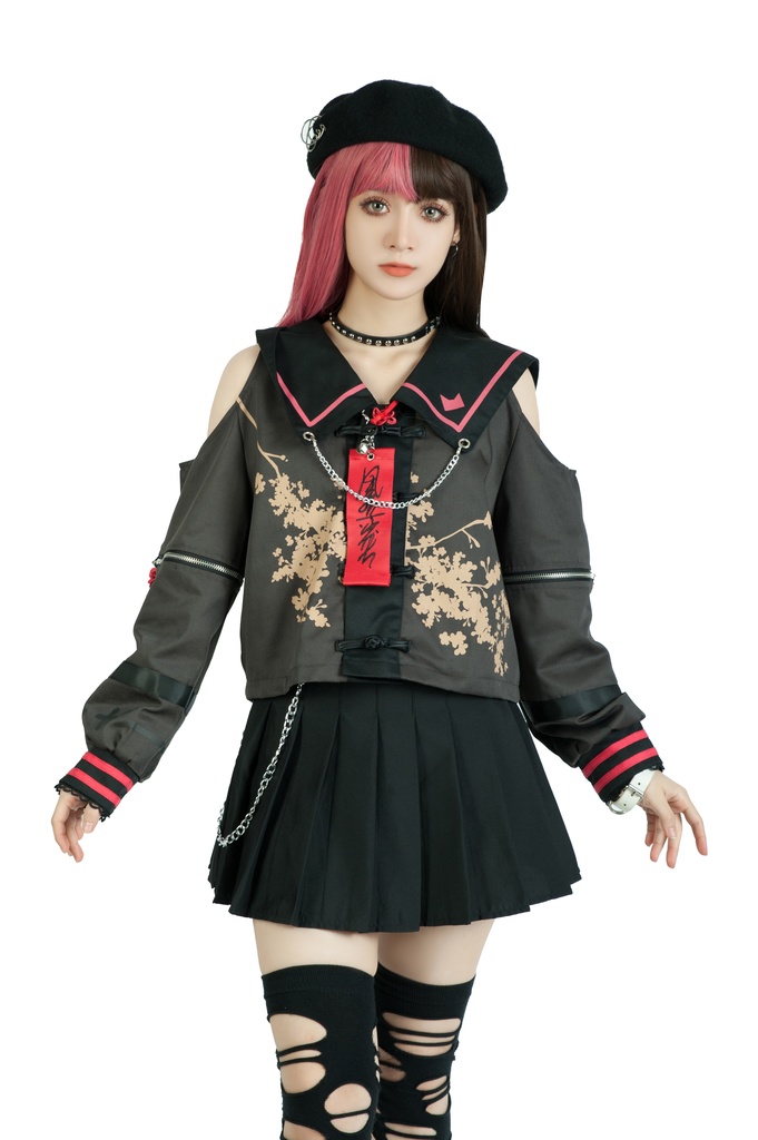 Jillpunk中華風 モード アニメ ookamiciroコラボ 春嵐百合 キョンシー お札 チャイナボタン オフショルダー 省かれる袖 花柄セーラー服 シャツブラウス 制服ブレザー オリジナル原宿おしゃれ姫系可愛い萌え和風