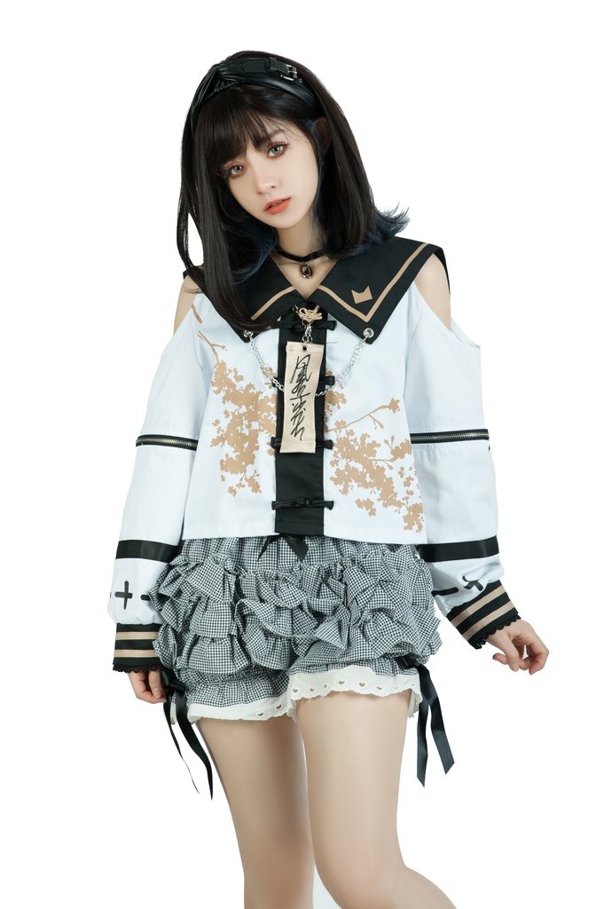 Jillpunk中華風 モード アニメ ookamiciroコラボ 春嵐百合 キョンシー お札 チャイナボタン オフショルダー 省かれる袖 花柄セーラー服 シャツブラウス 制服ブレザー オリジナル原宿おしゃれ姫系可愛い萌え和風