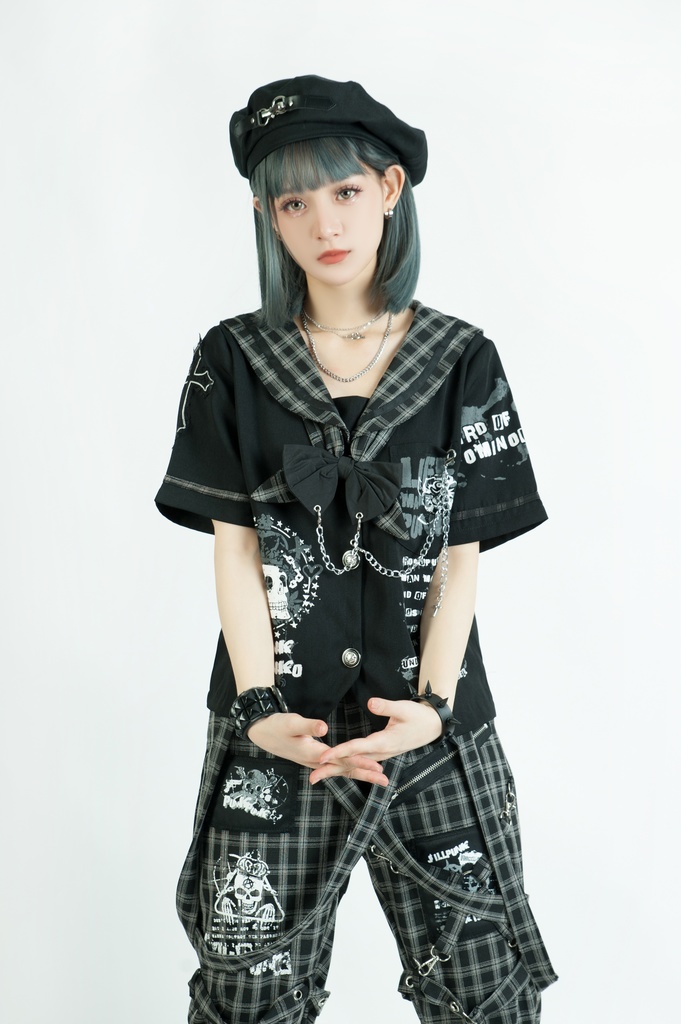 Jillpunkパンク地雷少女 タータン柄 鎖チェーン ネクタイ付き 猫耳 半袖セーラー服 クロップドブレザー JK制服 オリジナル レディーおしゃれ ファッション アヴリル系 カッコいい