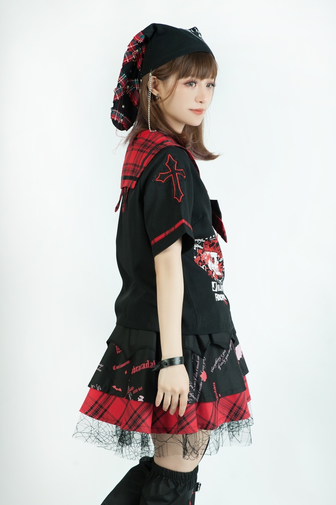 Jillpunkパンク地雷少女 タータン柄 鎖チェーン ネクタイ付き 猫耳 半袖セーラー服 クロップドブレザー JK制服 オリジナル レディーおしゃれ ファッション アヴリル系 カッコいい