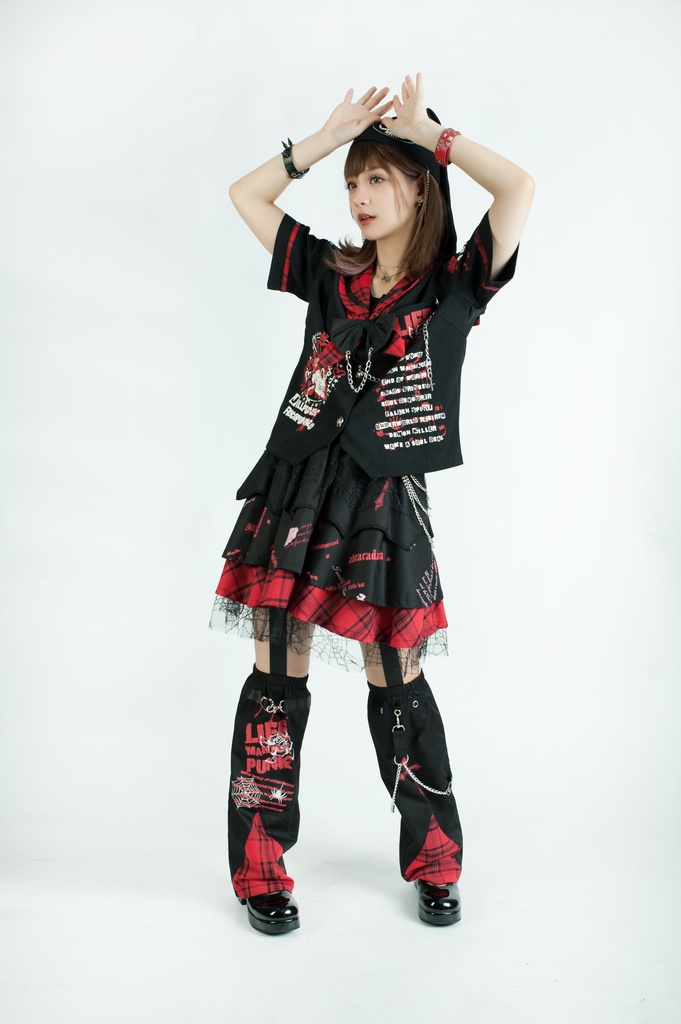 Jillpunkパンク地雷少女 タータン柄 鎖チェーン ネクタイ付き 猫耳 半袖セーラー服 クロップドブレザー JK制服 オリジナル レディーおしゃれ ファッション アヴリル系 カッコいい
