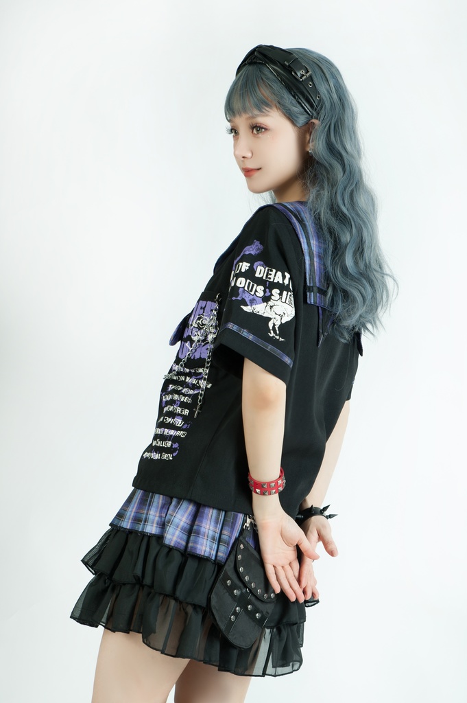 Jillpunkパンク地雷少女 タータン柄 鎖チェーン ネクタイ付き 猫耳 半袖セーラー服 クロップドブレザー JK制服 オリジナル レディーおしゃれ ファッション アヴリル系 カッコいい
