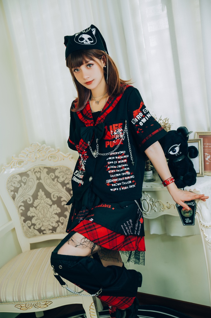 Jillpunkパンク地雷少女 タータン柄 鎖チェーン ネクタイ付き 猫耳 半袖セーラー服 クロップドブレザー JK制服 オリジナル レディーおしゃれ ファッション アヴリル系 カッコいい