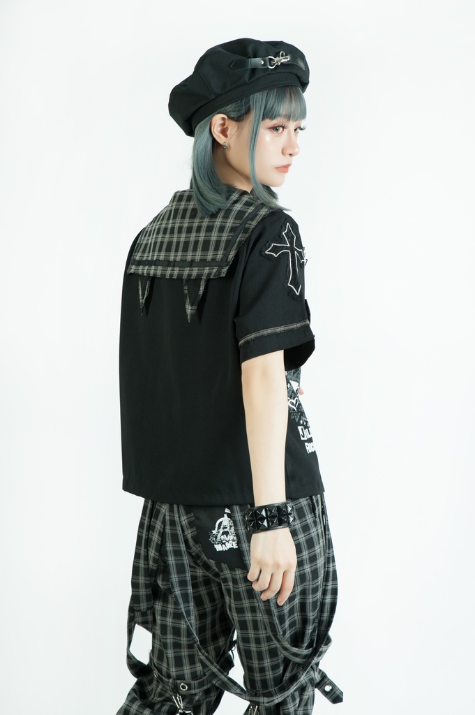 Jillpunkパンク地雷少女 タータン柄 鎖チェーン ネクタイ付き 猫耳 半袖セーラー服 クロップドブレザー JK制服 オリジナル レディーおしゃれ ファッション アヴリル系 カッコいい