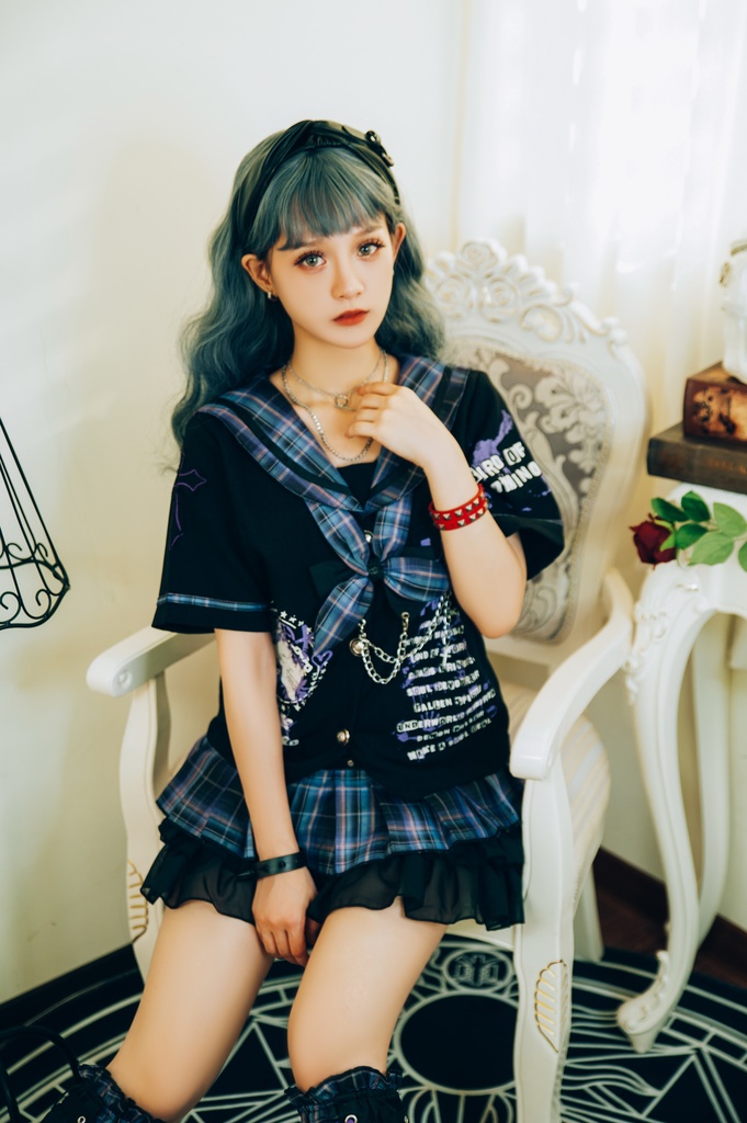 Jillpunkパンク地雷少女 タータン柄 鎖チェーン ネクタイ付き 猫耳 半袖セーラー服 クロップドブレザー JK制服 オリジナル レディーおしゃれ ファッション アヴリル系 カッコいい