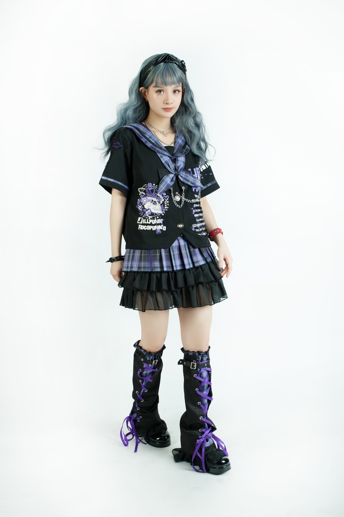 Jillpunkパンク地雷少女 タータン柄 鎖チェーン ネクタイ付き 猫耳 半袖セーラー服 クロップドブレザー JK制服 オリジナル レディーおしゃれ ファッション アヴリル系 カッコいい