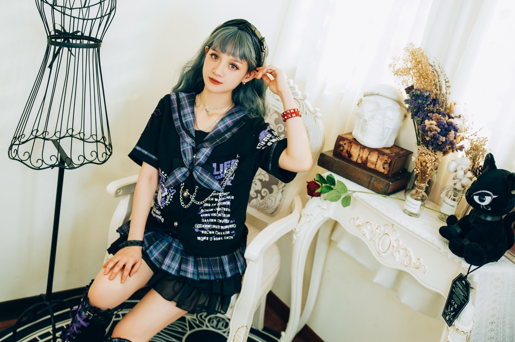 Jillpunkパンク地雷少女 タータン柄 鎖チェーン ネクタイ付き 猫耳 半袖セーラー服 クロップドブレザー JK制服 オリジナル レディーおしゃれ ファッション アヴリル系 カッコいい