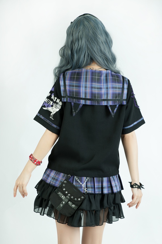 Jillpunkパンク地雷少女 タータン柄 鎖チェーン ネクタイ付き 猫耳 半袖セーラー服 クロップドブレザー JK制服 オリジナル レディーおしゃれ ファッション アヴリル系 カッコいい