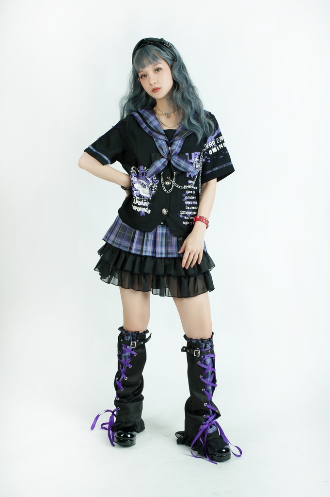 Jillpunkパンク地雷少女 タータン柄 鎖チェーン ネクタイ付き 猫耳 半袖セーラー服 クロップドブレザー JK制服 オリジナル レディーおしゃれ ファッション アヴリル系 カッコいい