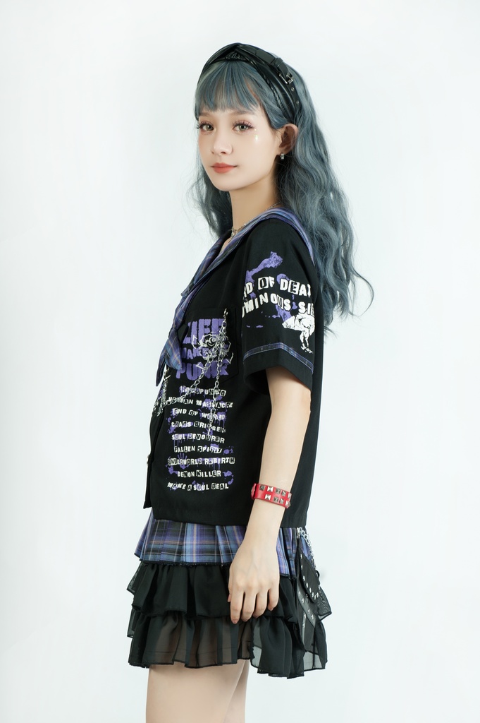 Jillpunkパンク地雷少女 タータン柄 鎖チェーン ネクタイ付き 猫耳 半袖セーラー服 クロップドブレザー JK制服 オリジナル レディーおしゃれ ファッション アヴリル系 カッコいい
