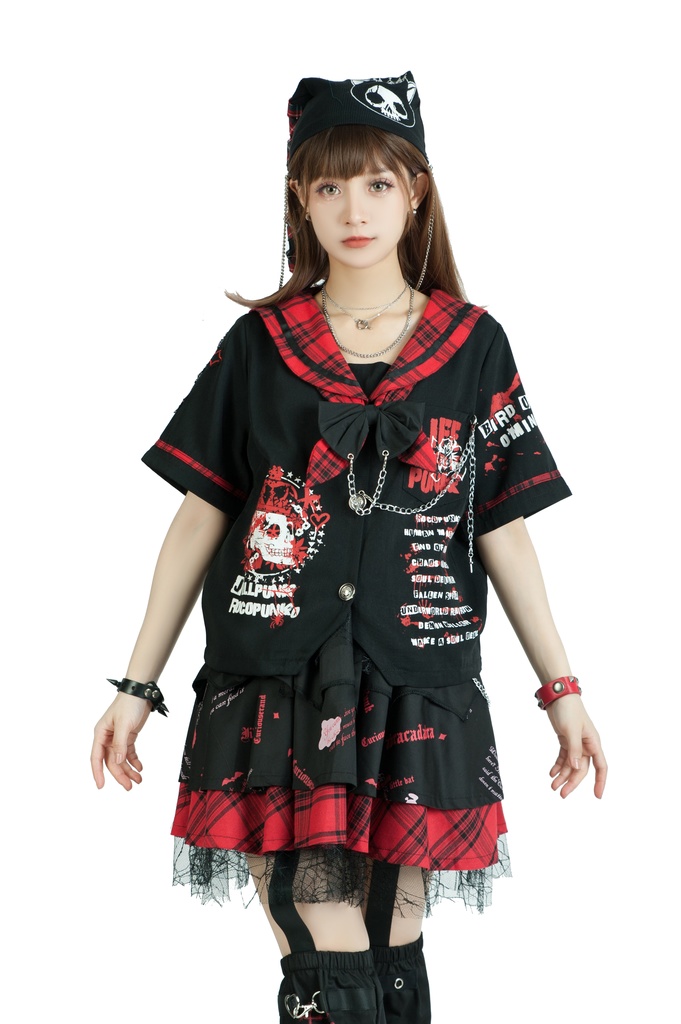Jillpunkパンク地雷少女 タータン柄 鎖チェーン ネクタイ付き 猫耳 半袖セーラー服 クロップドブレザー JK制服 オリジナル レディーおしゃれ ファッション アヴリル系 カッコいい