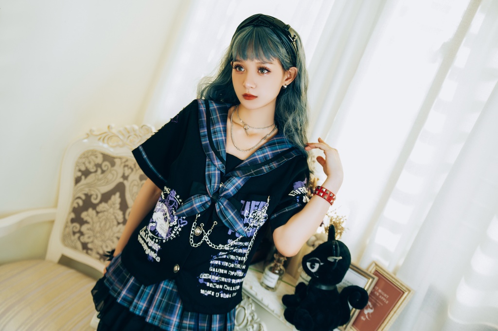 Jillpunkパンク地雷少女 タータン柄 鎖チェーン ネクタイ付き 猫耳 半袖セーラー服 クロップドブレザー JK制服 オリジナル レディーおしゃれ ファッション アヴリル系 カッコいい