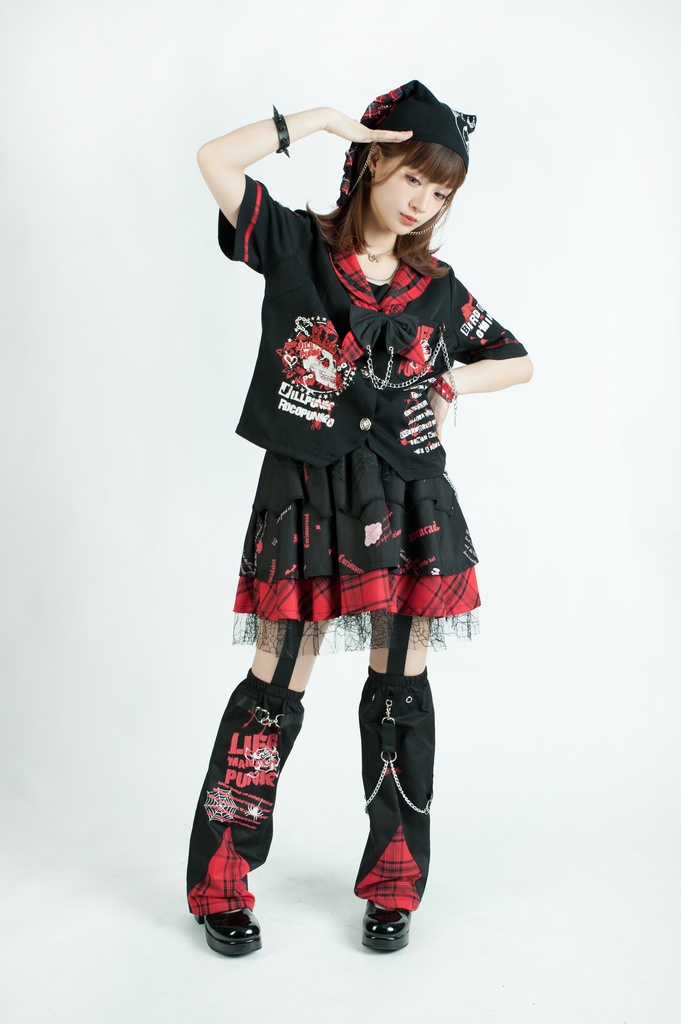 Jillpunkパンク地雷少女 タータン柄 鎖チェーン ネクタイ付き 猫耳 半袖セーラー服 クロップドブレザー JK制服 オリジナル レディーおしゃれ ファッション アヴリル系 カッコいい