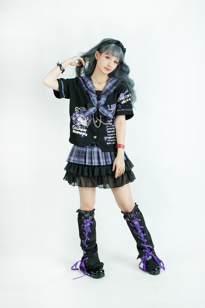 Jillpunkパンク地雷少女 タータン柄 鎖チェーン ネクタイ付き 猫耳 半袖セーラー服 クロップドブレザー JK制服 オリジナル レディーおしゃれ ファッション アヴリル系 カッコいい