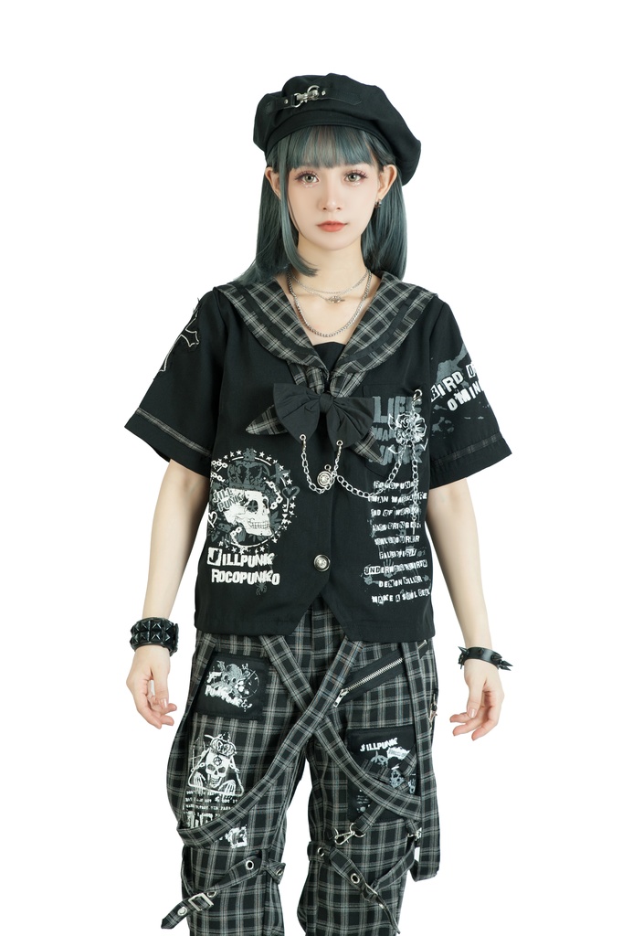 Jillpunkパンク地雷少女 タータン柄 鎖チェーン ネクタイ付き 猫耳 半袖セーラー服 クロップドブレザー JK制服 オリジナル レディーおしゃれ ファッション アヴリル系 カッコいい