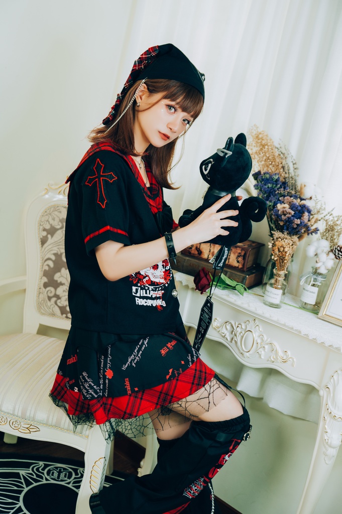 Jillpunkパンク地雷少女 タータン柄 鎖チェーン ネクタイ付き 猫耳 半袖セーラー服 クロップドブレザー JK制服 オリジナル レディーおしゃれ ファッション アヴリル系 カッコいい