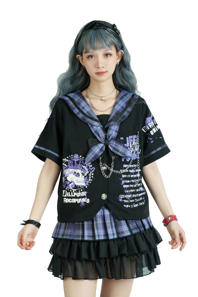 Jillpunkパンク地雷少女 タータン柄 鎖チェーン ネクタイ付き 猫耳 半袖セーラー服 クロップドブレザー JK制服 オリジナル レディーおしゃれ ファッション アヴリル系 カッコいい
