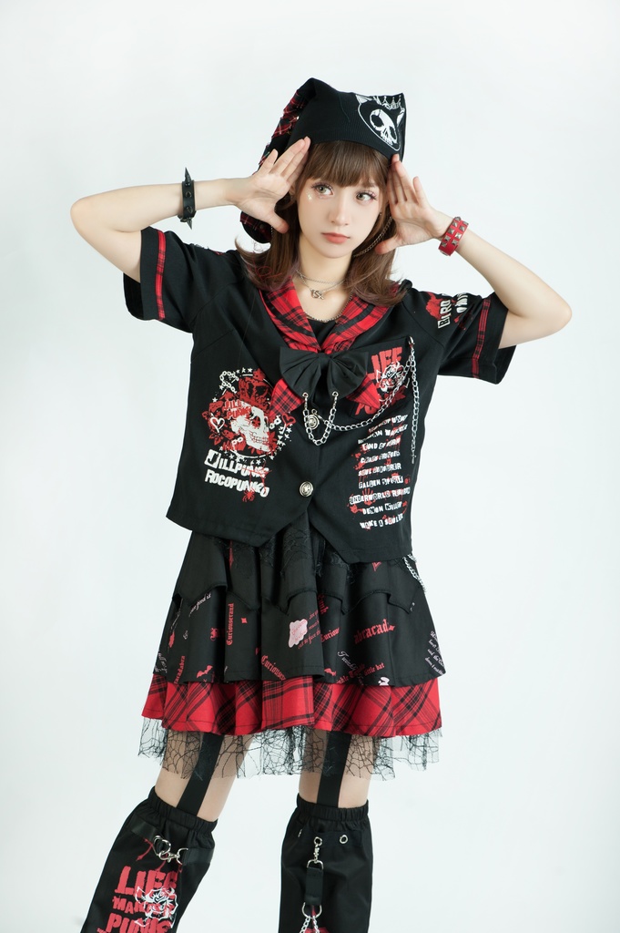 Jillpunkパンク地雷少女 タータン柄 鎖チェーン ネクタイ付き 猫耳 半袖セーラー服 クロップドブレザー JK制服 オリジナル レディーおしゃれ ファッション アヴリル系 カッコいい