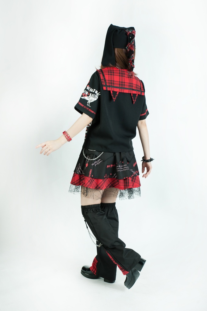 Jillpunkパンク地雷少女 タータン柄 鎖チェーン ネクタイ付き 猫耳 半袖セーラー服 クロップドブレザー JK制服 オリジナル レディーおしゃれ ファッション アヴリル系 カッコいい