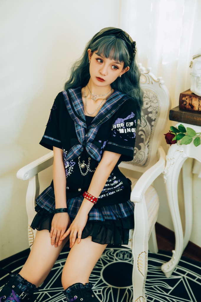 Jillpunkパンク地雷少女 タータン柄 鎖チェーン ネクタイ付き 猫耳 半袖セーラー服 クロップドブレザー JK制服 オリジナル レディーおしゃれ ファッション アヴリル系 カッコいい