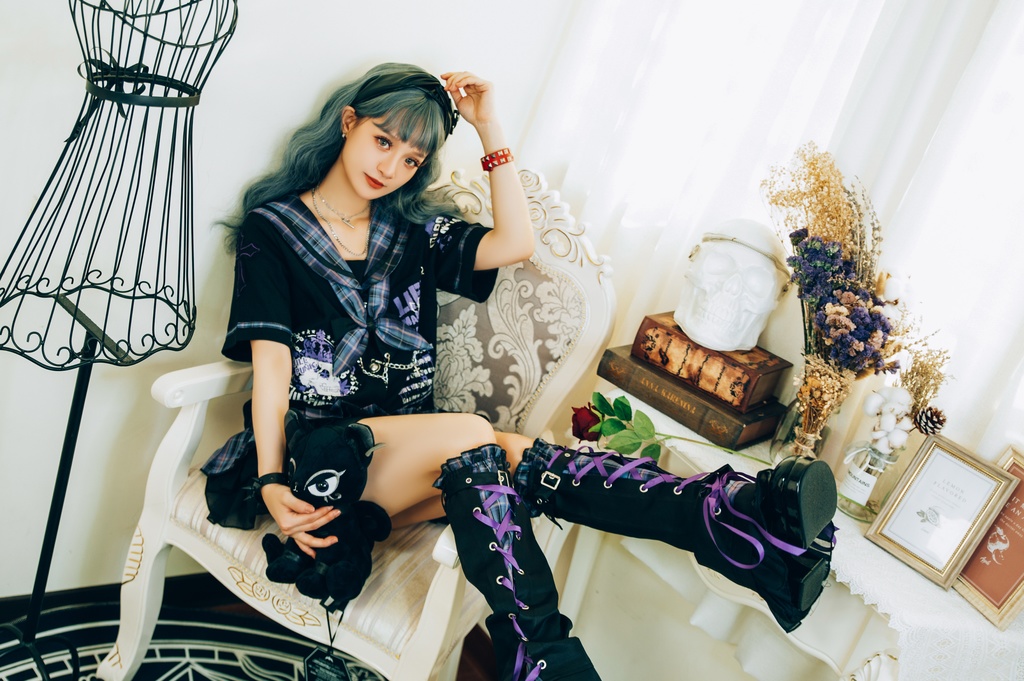 Jillpunkパンク地雷少女 タータン柄 鎖チェーン ネクタイ付き 猫耳 半袖セーラー服 クロップドブレザー JK制服 オリジナル レディーおしゃれ ファッション アヴリル系 カッコいい