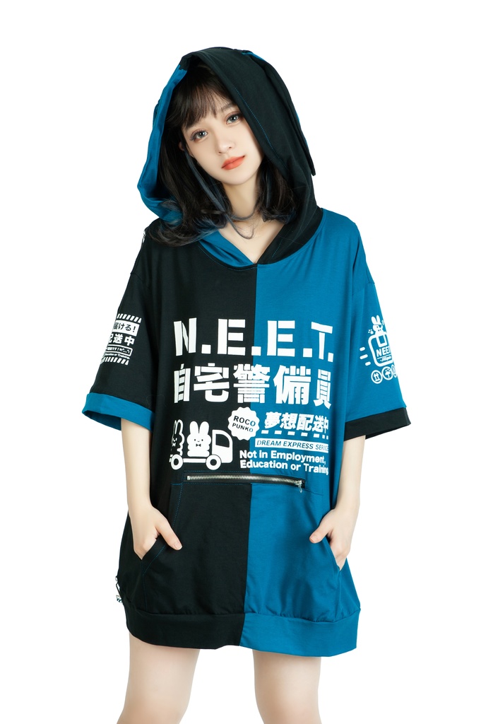 Jillpunkアニメ 可愛いお宅 ニ次コン 機動警察 NEET 自宅警備員 巡査警戒兵 ハーネス付き カンガルーポケット 反対色 うさぎ耳 ゆったり半袖 パーカー オリジナル メンズ レディーズ おしゃれ 男女兼用 ファッション 秋葉系