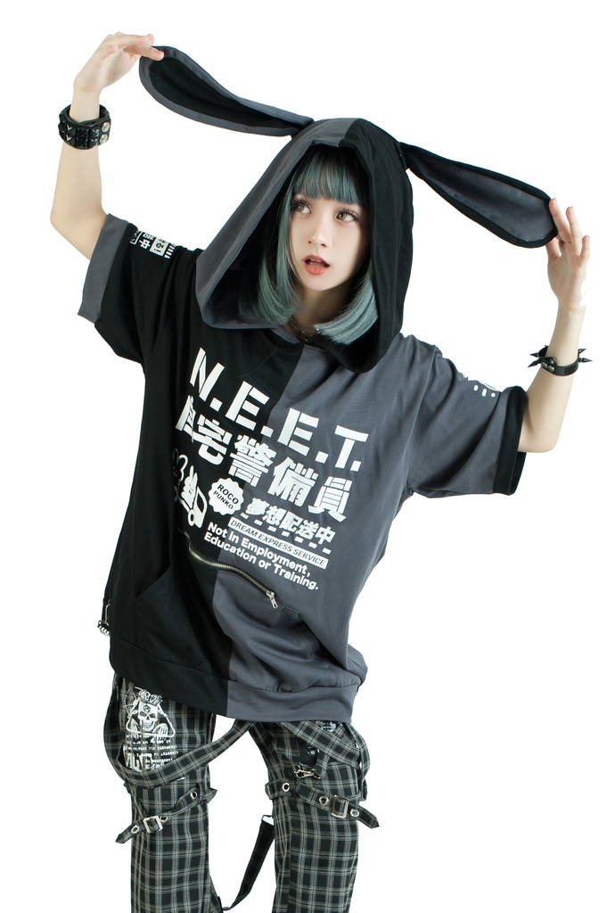 Jillpunkアニメ 可愛いお宅 ニ次コン 機動警察 NEET 自宅警備員 巡査警戒兵 ハーネス付き カンガルーポケット 反対色 うさぎ耳 ゆったり半袖 パーカー オリジナル メンズ レディーズ おしゃれ 男女兼用 ファッション 秋葉系