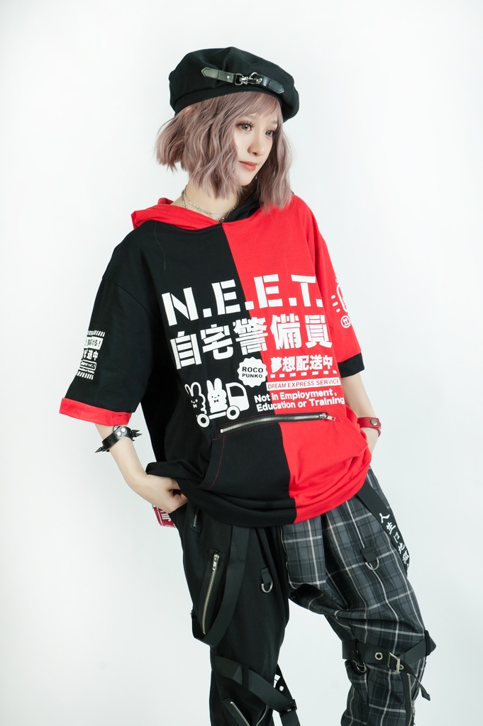 Jillpunkアニメ 可愛いお宅 ニ次コン 機動警察 NEET 自宅警備員 巡査警戒兵 ハーネス付き カンガルーポケット 反対色 うさぎ耳 ゆったり半袖 パーカー オリジナル メンズ レディーズ おしゃれ 男女兼用 ファッション 秋葉系