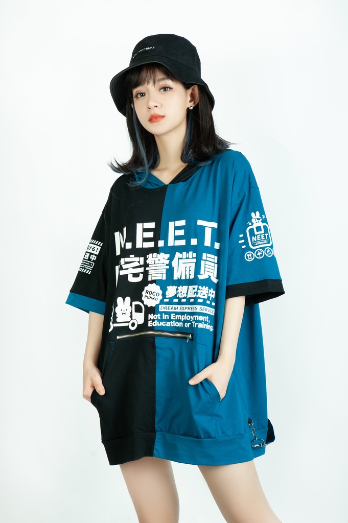 Jillpunkアニメ 可愛いお宅 ニ次コン 機動警察 NEET 自宅警備員 巡査警戒兵 ハーネス付き カンガルーポケット 反対色 うさぎ耳 ゆったり半袖 パーカー オリジナル メンズ レディーズ おしゃれ 男女兼用 ファッション 秋葉系