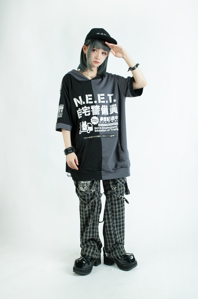 Jillpunkアニメ 可愛いお宅 ニ次コン 機動警察 NEET 自宅警備員 巡査警戒兵 ハーネス付き カンガルーポケット 反対色 うさぎ耳 ゆったり半袖 パーカー オリジナル メンズ レディーズ おしゃれ 男女兼用 ファッション 秋葉系