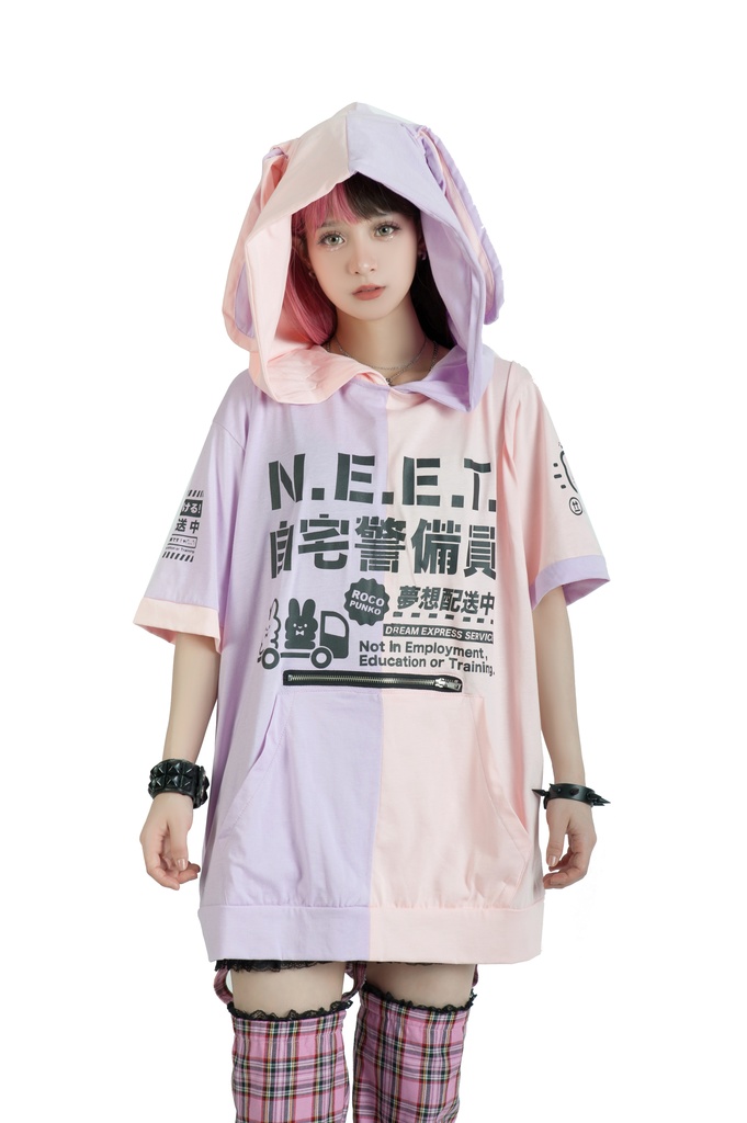 Jillpunkアニメ 可愛いお宅 ニ次コン 機動警察 NEET 自宅警備員 巡査警戒兵 ハーネス付き カンガルーポケット 反対色 うさぎ耳 ゆったり半袖 パーカー オリジナル メンズ レディーズ おしゃれ 男女兼用 ファッション 秋葉系