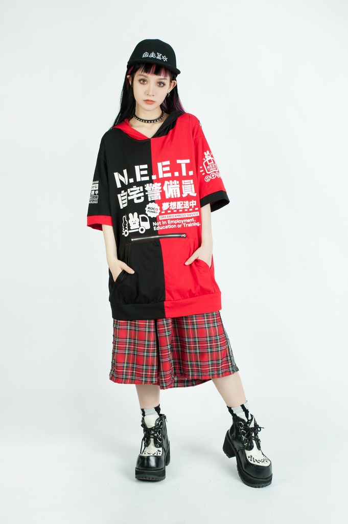 Jillpunkアニメ 可愛いお宅 ニ次コン 機動警察 NEET 自宅警備員 巡査警戒兵 ハーネス付き カンガルーポケット 反対色 うさぎ耳 ゆったり半袖 パーカー オリジナル メンズ レディーズ おしゃれ 男女兼用 ファッション 秋葉系