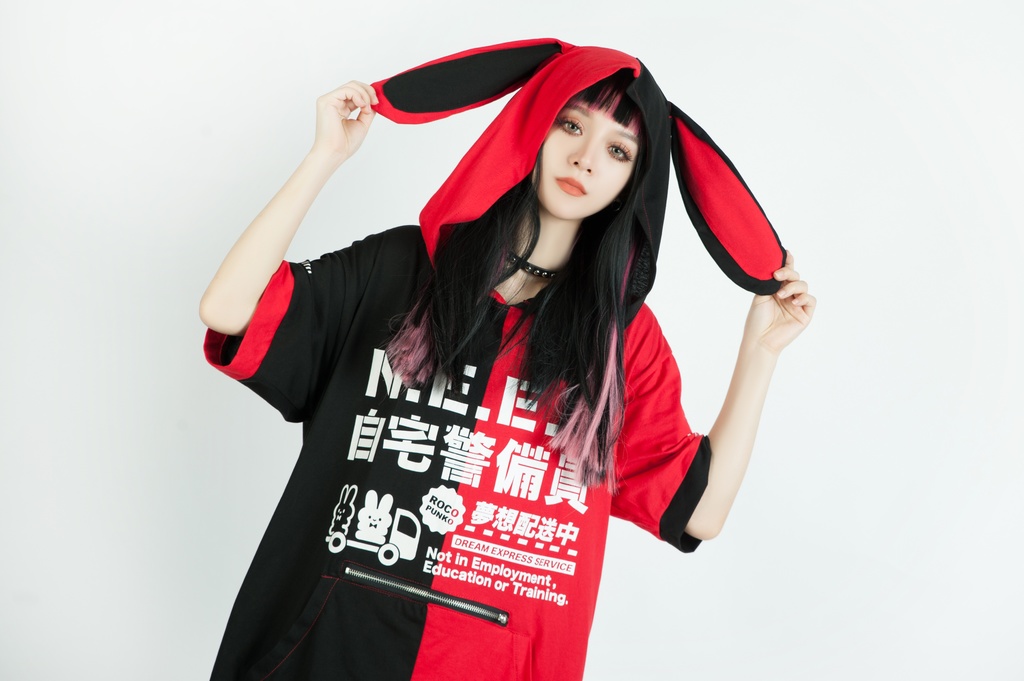 Jillpunkアニメ 可愛いお宅 ニ次コン 機動警察 NEET 自宅警備員 巡査警戒兵 ハーネス付き カンガルーポケット 反対色 うさぎ耳 ゆったり半袖 パーカー オリジナル メンズ レディーズ おしゃれ 男女兼用 ファッション 秋葉系