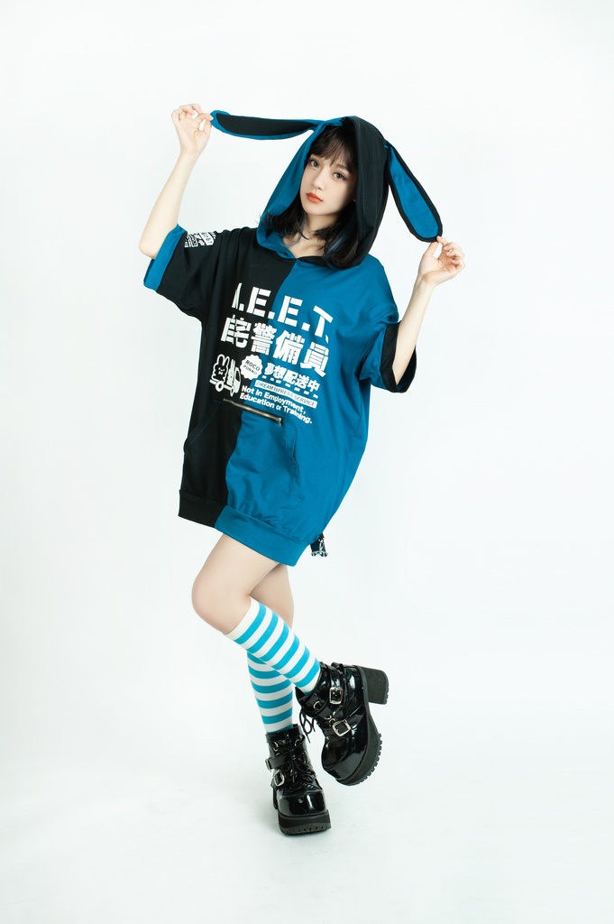 Jillpunkアニメ 可愛いお宅 ニ次コン 機動警察 NEET 自宅警備員 巡査警戒兵 ハーネス付き カンガルーポケット 反対色 うさぎ耳 ゆったり半袖 パーカー オリジナル メンズ レディーズ おしゃれ 男女兼用 ファッション 秋葉系