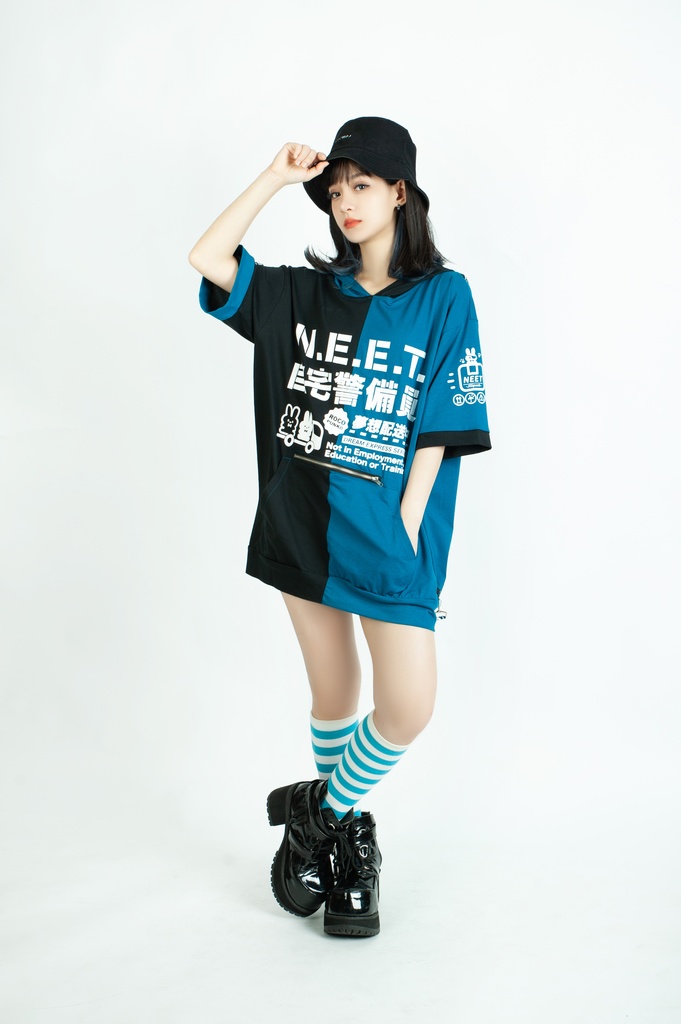 Jillpunkアニメ 可愛いお宅 ニ次コン 機動警察 NEET 自宅警備員 巡査警戒兵 ハーネス付き カンガルーポケット 反対色 うさぎ耳 ゆったり半袖 パーカー オリジナル メンズ レディーズ おしゃれ 男女兼用 ファッション 秋葉系