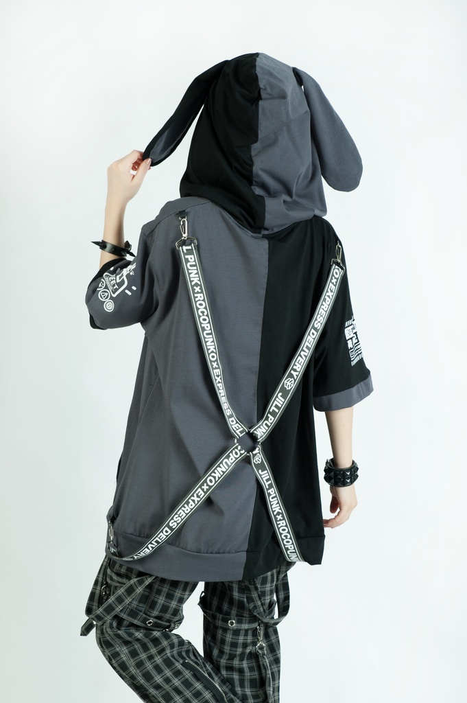 Jillpunkアニメ 可愛いお宅 ニ次コン 機動警察 NEET 自宅警備員 巡査警戒兵 ハーネス付き カンガルーポケット 反対色 うさぎ耳 ゆったり半袖 パーカー オリジナル メンズ レディーズ おしゃれ 男女兼用 ファッション 秋葉系