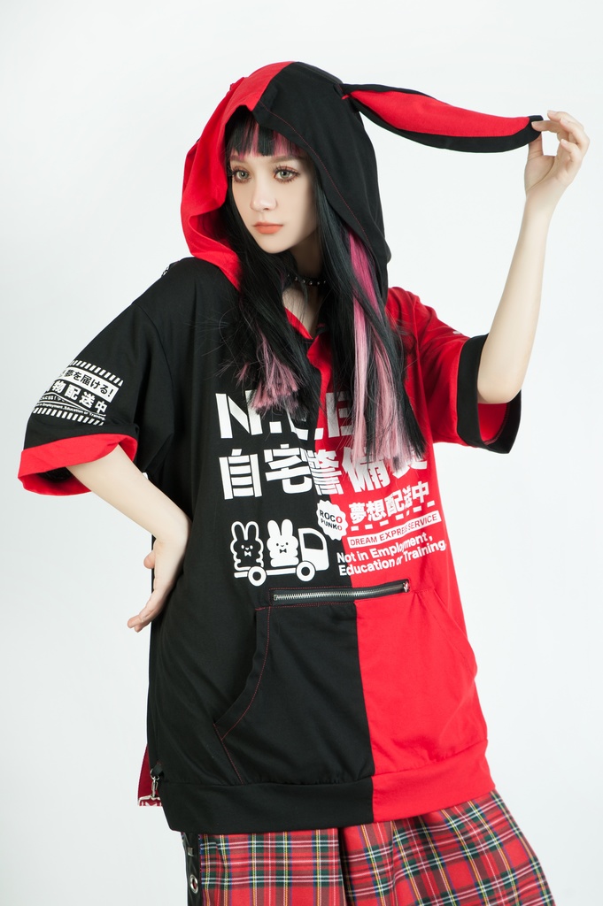 Jillpunkアニメ 可愛いお宅 ニ次コン 機動警察 NEET 自宅警備員 巡査警戒兵 ハーネス付き カンガルーポケット 反対色 うさぎ耳 ゆったり半袖 パーカー オリジナル メンズ レディーズ おしゃれ 男女兼用 ファッション 秋葉系