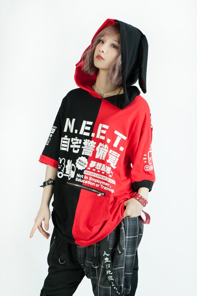 Jillpunkアニメ 可愛いお宅 ニ次コン 機動警察 NEET 自宅警備員 巡査警戒兵 ハーネス付き カンガルーポケット 反対色 うさぎ耳 ゆったり半袖 パーカー オリジナル メンズ レディーズ おしゃれ 男女兼用 ファッション 秋葉系