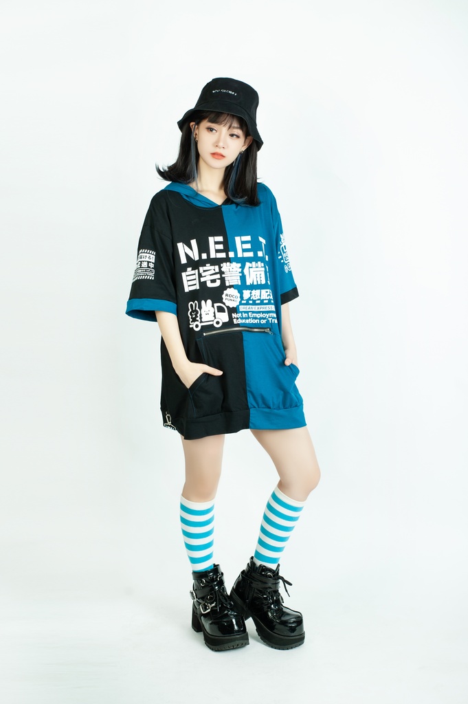 Jillpunkアニメ 可愛いお宅 ニ次コン 機動警察 NEET 自宅警備員 巡査警戒兵 ハーネス付き カンガルーポケット 反対色 うさぎ耳 ゆったり半袖 パーカー オリジナル メンズ レディーズ おしゃれ 男女兼用 ファッション 秋葉系