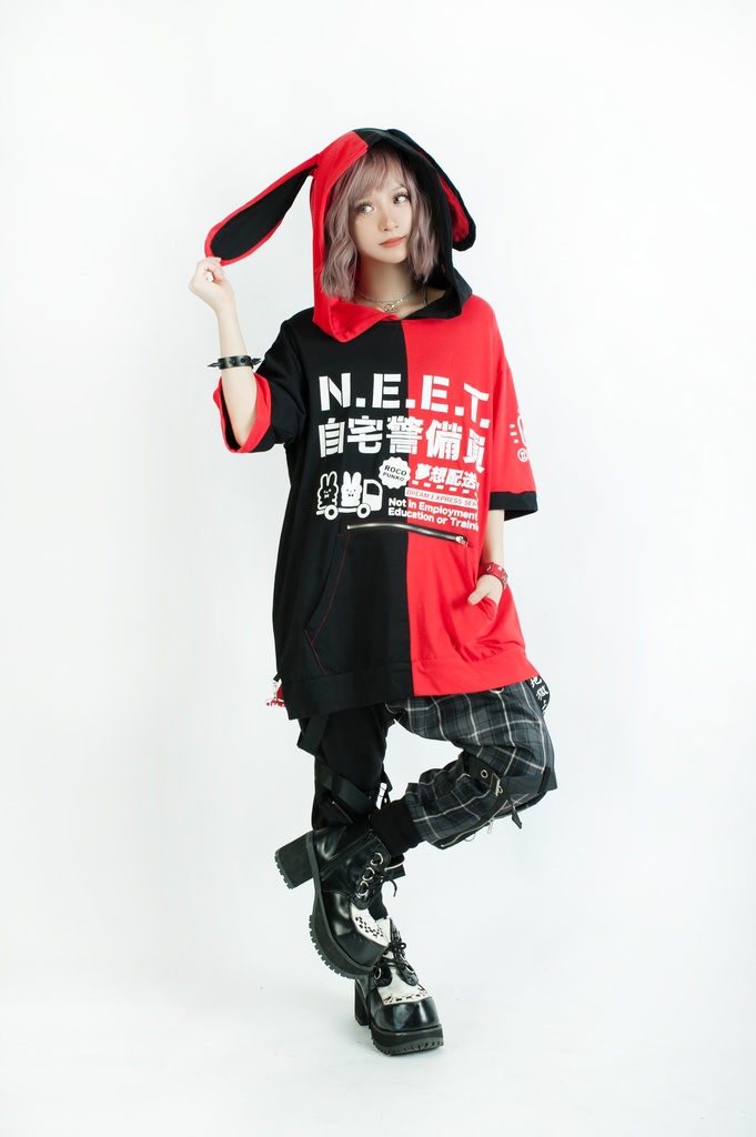 Jillpunkアニメ 可愛いお宅 ニ次コン 機動警察 NEET 自宅警備員 巡査警戒兵 ハーネス付き カンガルーポケット 反対色 うさぎ耳 ゆったり半袖 パーカー オリジナル メンズ レディーズ おしゃれ 男女兼用 ファッション 秋葉系