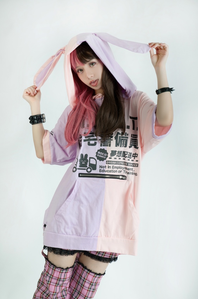 Jillpunkアニメ 可愛いお宅 ニ次コン 機動警察 NEET 自宅警備員 巡査警戒兵 ハーネス付き カンガルーポケット 反対色 うさぎ耳 ゆったり半袖 パーカー オリジナル メンズ レディーズ おしゃれ 男女兼用 ファッション 秋葉系