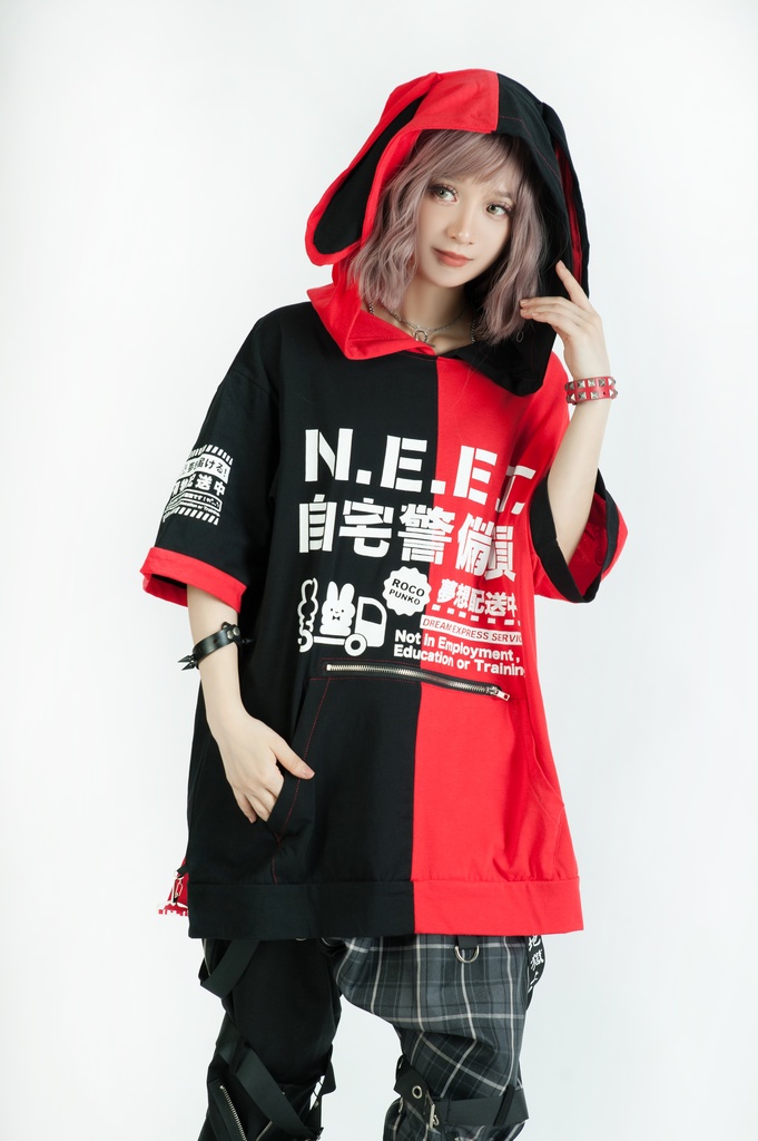 Jillpunkアニメ 可愛いお宅 ニ次コン 機動警察 NEET 自宅警備員 巡査警戒兵 ハーネス付き カンガルーポケット 反対色 うさぎ耳 ゆったり半袖 パーカー オリジナル メンズ レディーズ おしゃれ 男女兼用 ファッション 秋葉系