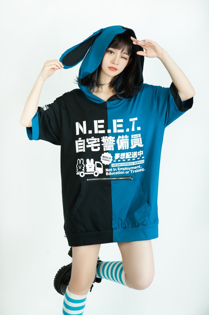 Jillpunkアニメ 可愛いお宅 ニ次コン 機動警察 NEET 自宅警備員 巡査警戒兵 ハーネス付き カンガルーポケット 反対色 うさぎ耳 ゆったり半袖 パーカー オリジナル メンズ レディーズ おしゃれ 男女兼用 ファッション 秋葉系