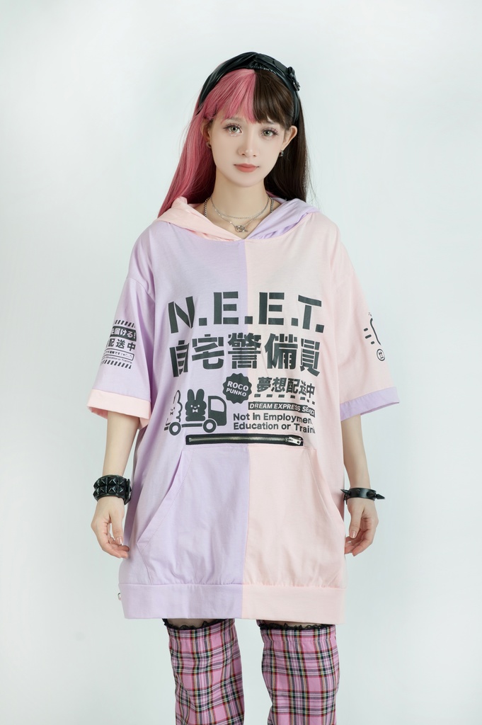 Jillpunkアニメ 可愛いお宅 ニ次コン 機動警察 NEET 自宅警備員 巡査警戒兵 ハーネス付き カンガルーポケット 反対色 うさぎ耳 ゆったり半袖 パーカー オリジナル メンズ レディーズ おしゃれ 男女兼用 ファッション 秋葉系