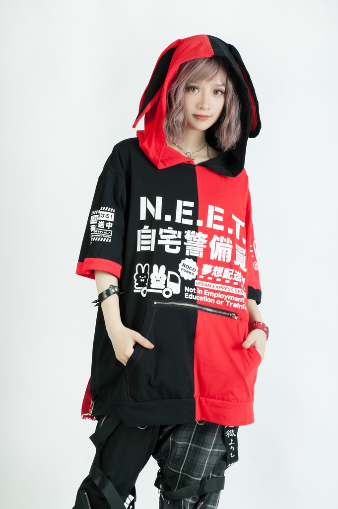 Jillpunkアニメ 可愛いお宅 ニ次コン 機動警察 NEET 自宅警備員 巡査警戒兵 ハーネス付き カンガルーポケット 反対色 うさぎ耳 ゆったり半袖 パーカー オリジナル メンズ レディーズ おしゃれ 男女兼用 ファッション 秋葉系