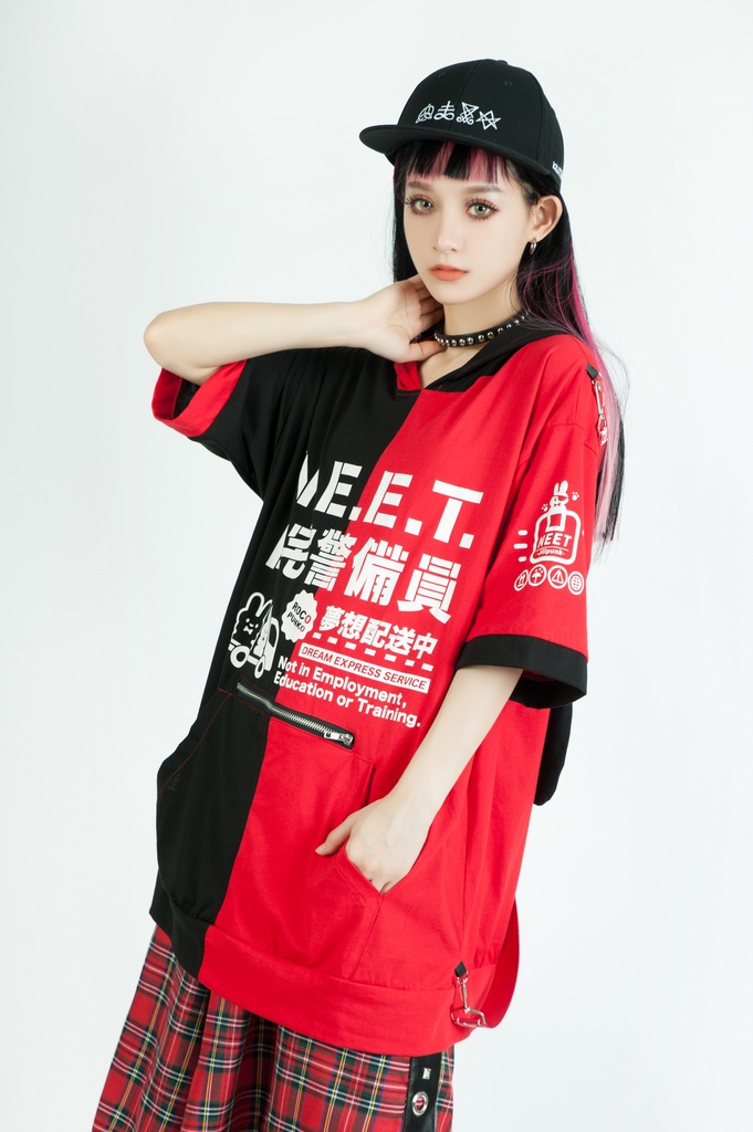 Jillpunkアニメ 可愛いお宅 ニ次コン 機動警察 NEET 自宅警備員 巡査警戒兵 ハーネス付き カンガルーポケット 反対色 うさぎ耳 ゆったり半袖 パーカー オリジナル メンズ レディーズ おしゃれ 男女兼用 ファッション 秋葉系