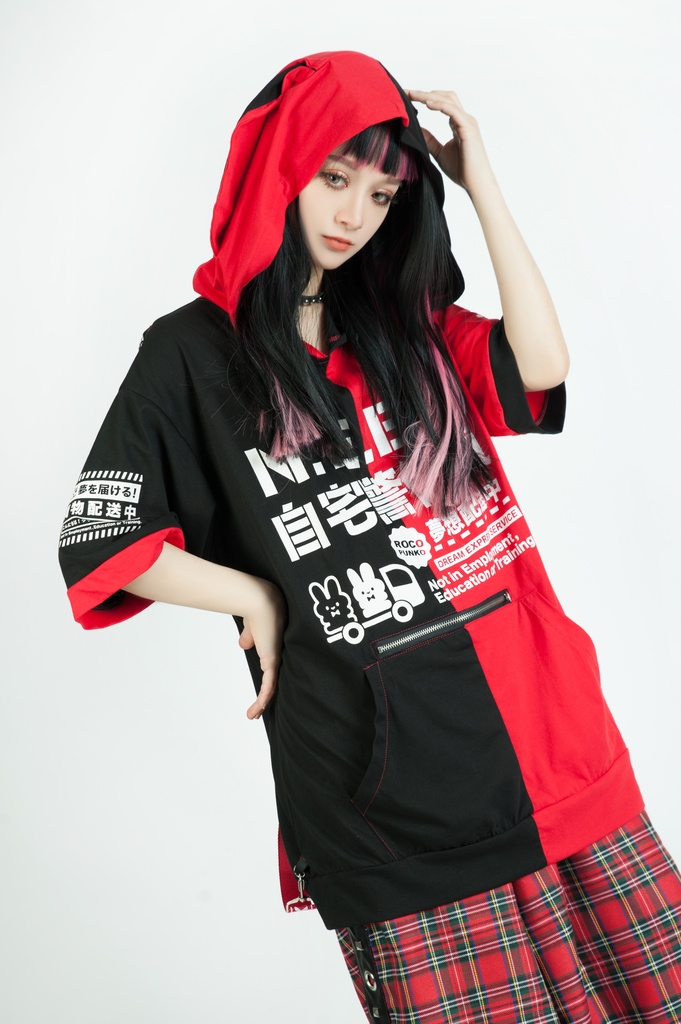 Jillpunkアニメ 可愛いお宅 ニ次コン 機動警察 NEET 自宅警備員 巡査警戒兵 ハーネス付き カンガルーポケット 反対色 うさぎ耳 ゆったり半袖 パーカー オリジナル メンズ レディーズ おしゃれ 男女兼用 ファッション 秋葉系