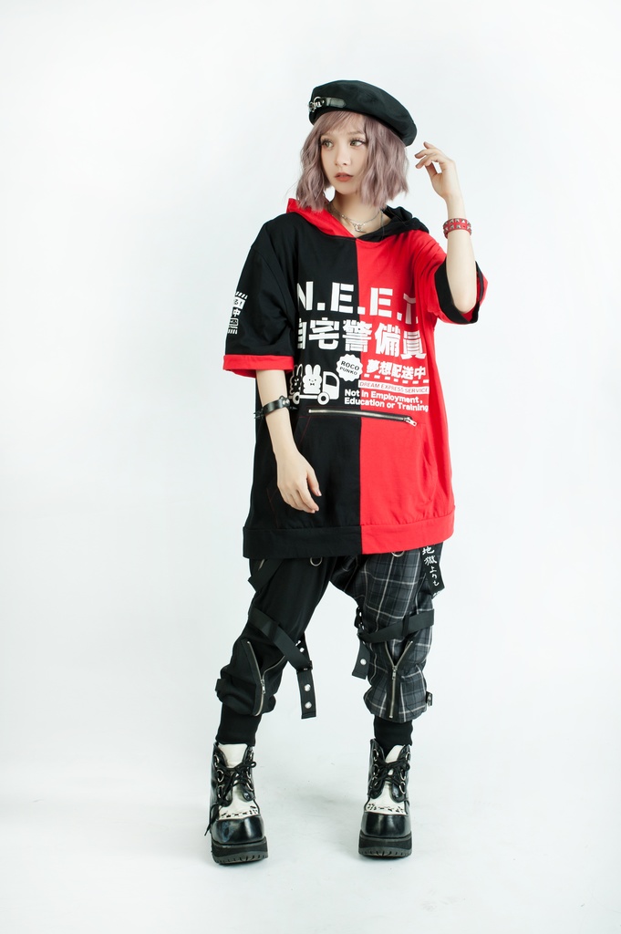 Jillpunkアニメ 可愛いお宅 ニ次コン 機動警察 NEET 自宅警備員 巡査警戒兵 ハーネス付き カンガルーポケット 反対色 うさぎ耳 ゆったり半袖 パーカー オリジナル メンズ レディーズ おしゃれ 男女兼用 ファッション 秋葉系