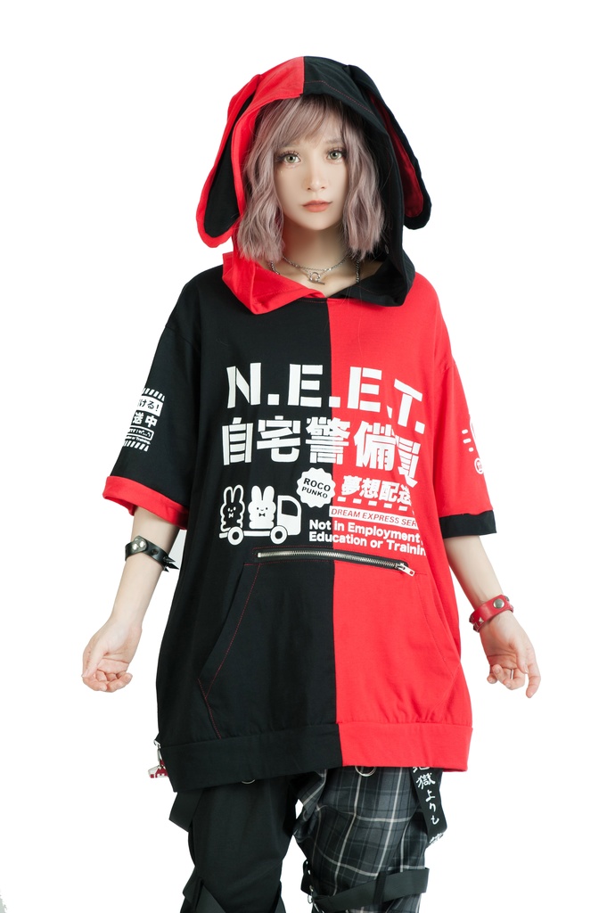 Jillpunkアニメ 可愛いお宅 ニ次コン 機動警察 NEET 自宅警備員 巡査警戒兵 ハーネス付き カンガルーポケット 反対色 うさぎ耳 ゆったり半袖 パーカー オリジナル メンズ レディーズ おしゃれ 男女兼用 ファッション 秋葉系